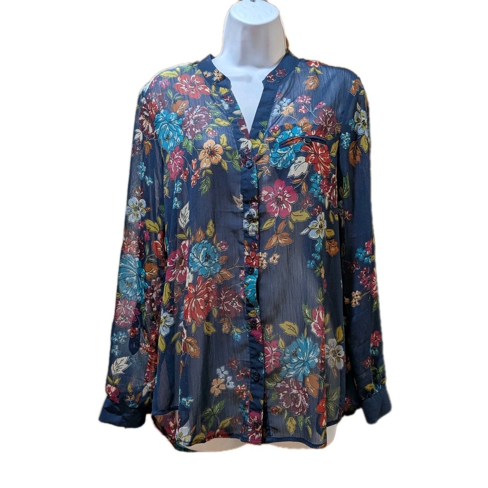 Kut from the Kloth Sheer‎ Navy Floral Blouse Boho Romantic Floral Print Size Med